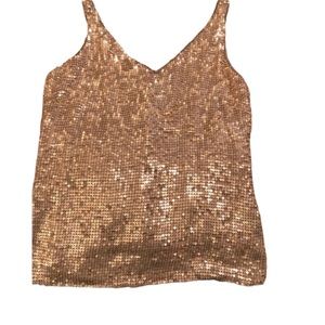 Anne Klein  small flowy gold sequin lined camisole/tank double V-neck zip back